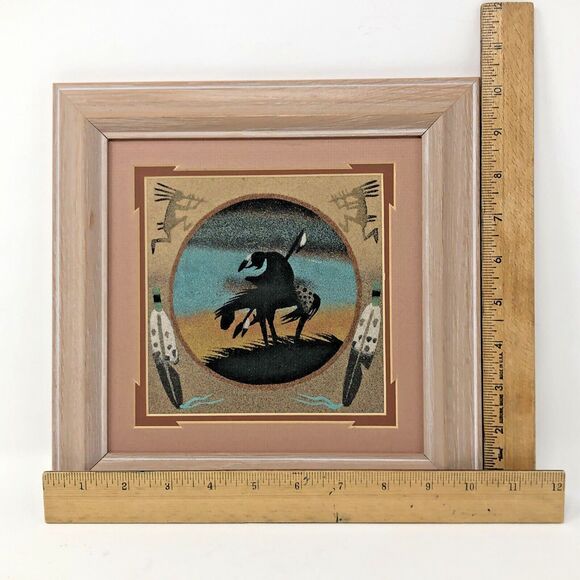Navajo Sand Painting Horse “End Of The Trail” 90s Framed & Signed VTG Wall Art - Picture 3 of 9